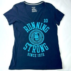 NIKE Vintage Slim Fit V Neck. Teal Graphics T. Navy Blue . XL. Short Sleeve.